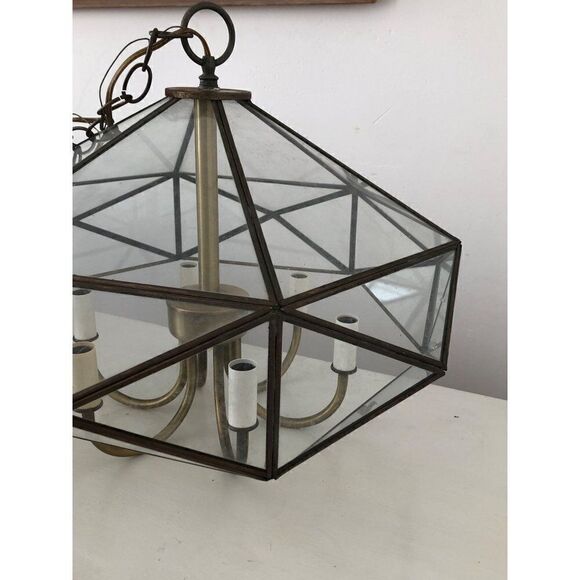Vintage Mid Century Brass Octagon Diamond Hanging Glass Light Fixture Pendant - Picture 8 of 15